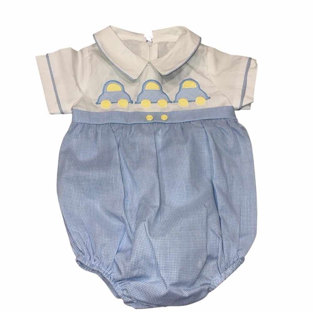 NEW Vintage Robert Jackson Embroidered Car Appliqué Blue & White Gingham Romper